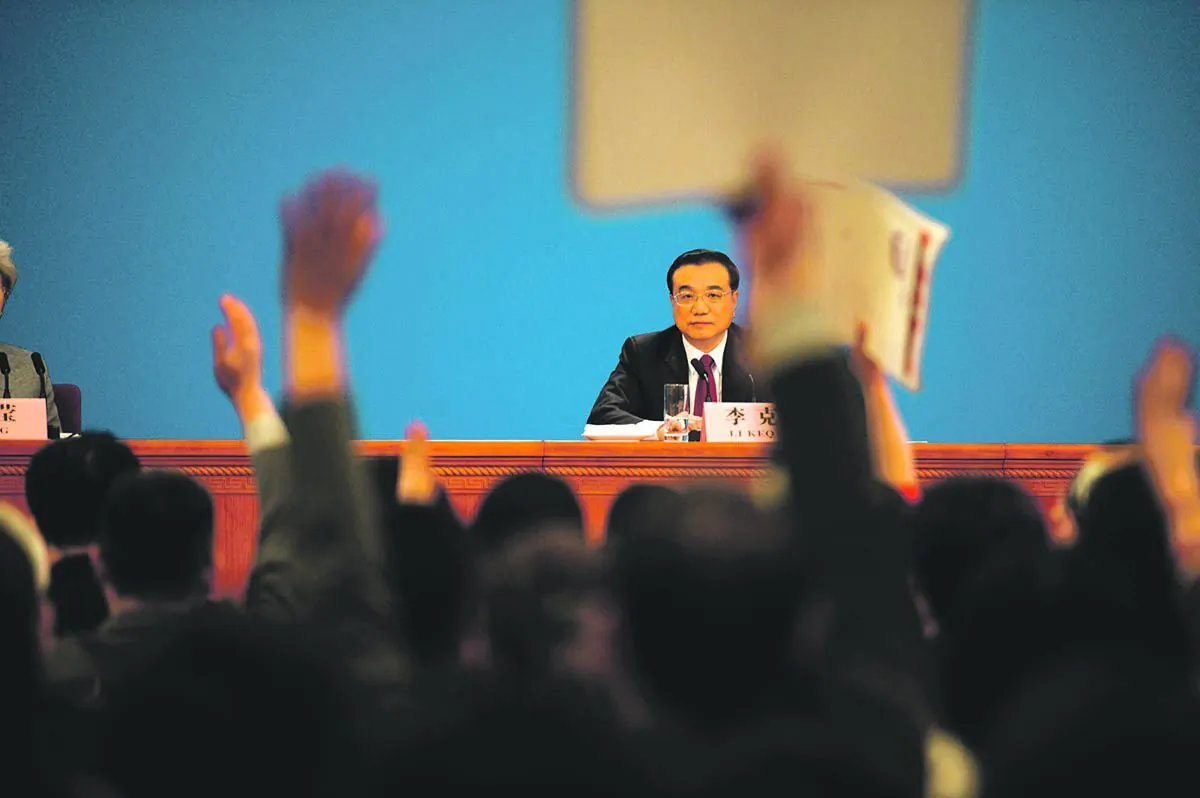 Chinese Premier Li Keqiang takes questions from journalists during the press conference after the closing session of the National People's Congress in the Great Hall of the People in Beijing on March 16, 2016. (Fred Dufour/AFP/Getty Images)
